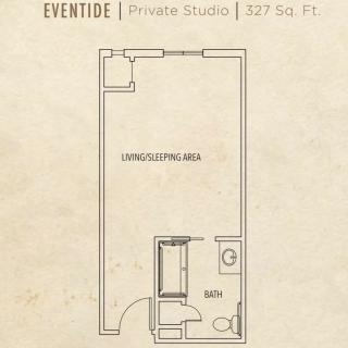 Floor plan of a private studio apartment measuring 327 square feet, featuring a living/sleeping area and a bathroom.