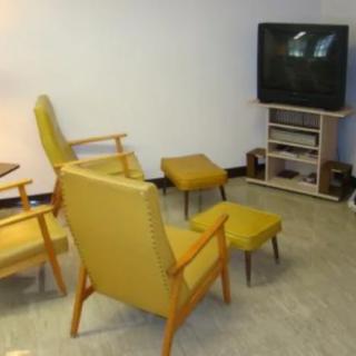 A living room with vintage yellow armchairs and a television set.