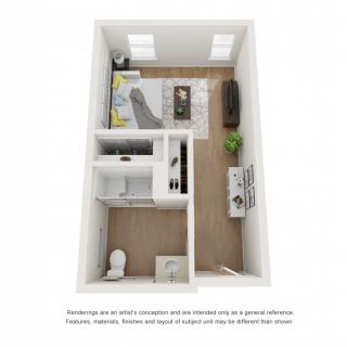 3D floor plan of a compact studio apartment with main living area, kitchen, and bathroom.