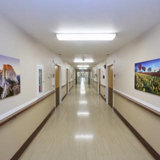 A clean hospital corridor with artwork on the walls and bright fluorescent lighting.
