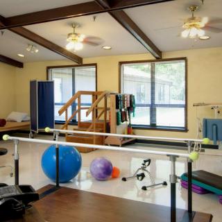 A well-equipped rehabilitation room with various therapy tools including parallel bars and exercise balls.