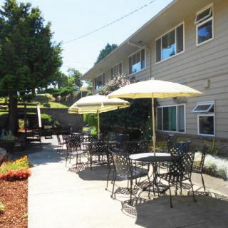 A sunny outdoor patio area with tables, chairs, and umbrellas next to a building.