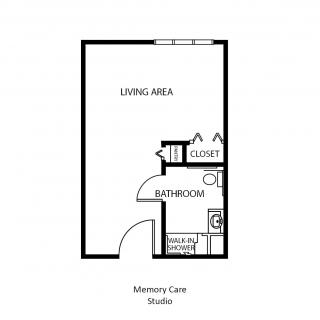 Floor plan of a studio apartment featuring a living area, bathroom, and closet.