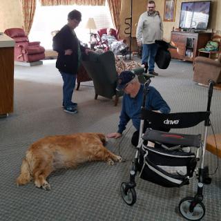 A cozy indoor setting where people interact with a dog and a wheelchair.