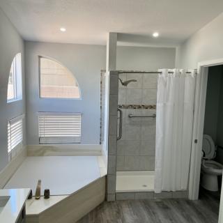 Modern bathroom with a bathtub, shower, and toilet.