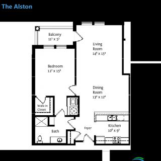 Floor plan of a one-bedroom apartment with detailed room dimensions.