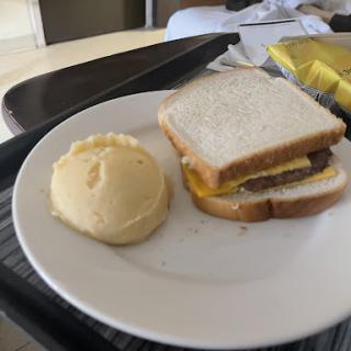 A simple sandwich with cheese and a burger patty, served alongside a round of mashed potatoes.