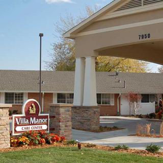 Entrance of Villa Manor Care Center with visible signage and landscaping.