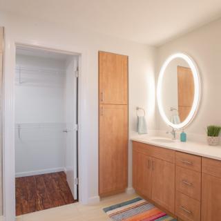 A modern minimalist bathroom with a lighted oval mirror and wooden cabinetry.