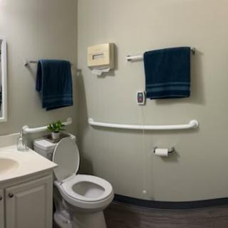A clean and accessible bathroom with a toilet, sink, and handrails.