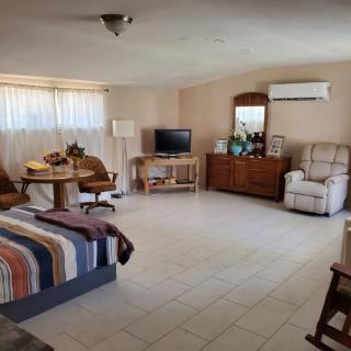 A cozy living space featuring a bed, TV, and comfortable seating.