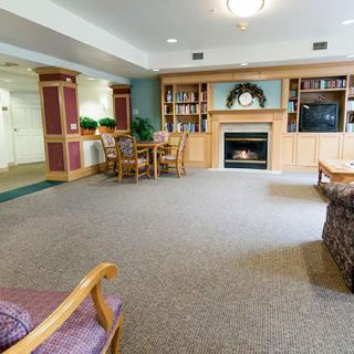A cozy living room with a fireplace, bookshelves, and comfortable seating.