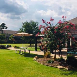 A beautiful garden with lush greenery, a patio, and blooming flowers.