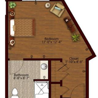A compact apartment floor plan featuring a bedroom, bathroom, and closet space.