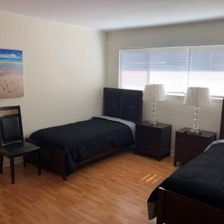A minimalist bedroom featuring two twin beds with black bedding, wooden flooring, and ample daylight from a large window.