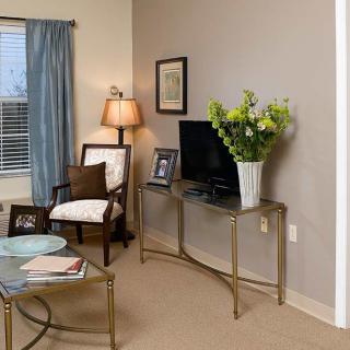A cozy living room with elegant decor, featuring a TV on a glass table, a lamp, flowers, and comfortable seating.