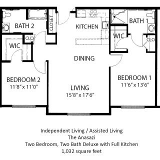 A floor plan of a two-bedroom, two-bathroom apartment with a full kitchen and living/dining area.