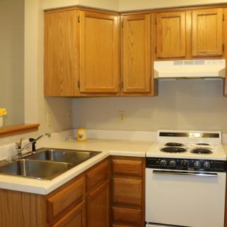 A compact kitchen with wooden cabinets, an electric stove, and a dual sink.
