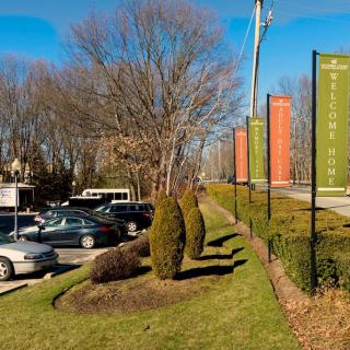 A parking lot beside a road with colorful banners and neatly trimmed shrubs on a sunny day.