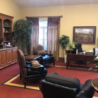 A cozy office space featuring comfortable seating and decorative plants.