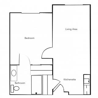 A simple floor plan of a one-bedroom apartment featuring a living area, bedroom, bathroom, and kitchen.