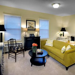 A cozy living room featuring a bright yellow sofa and elegant decor.