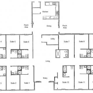 An architectural floor plan showing the layout of multiple rooms and common areas in a building.