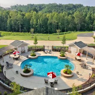 Aerial view of a circular outdoor swimming pool surrounded by greenery and umbrellas.