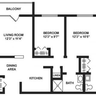 A floor plan of a two-bedroom apartment with a living room, kitchen, dining area, bathroom, and balcony.