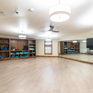 A spacious exercise room featuring hardwood floors, large mirrors, shelves with fitness equipment, and modern lighting.