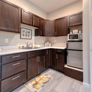 A modern kitchen featuring dark wood cabinets, a stainless steel microwave, and a clean countertop with a decorative rug.