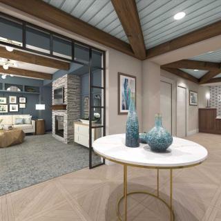Modern interior with decorative vases and cozy living area.