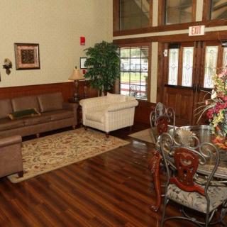 A cozy living room with a sofa, armchair, and dining table on a wooden floor, complemented by indoor plants and wall decorations.