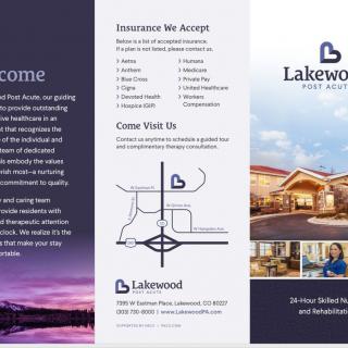 A brochure for Lakewood Post Acute, featuring senior care services, accepted insurance information, a map for directions, and contact details.