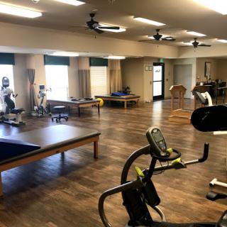A well-equipped fitness center featuring various exercise and rehabilitation equipment.