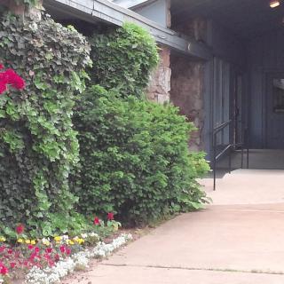 A scenic view of a building entrance adorned with lush greenery and colorful flowers.