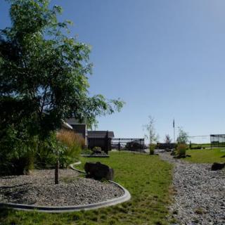 A serene garden landscape with trees, grass, and a gravel pathway under a clear blue sky.