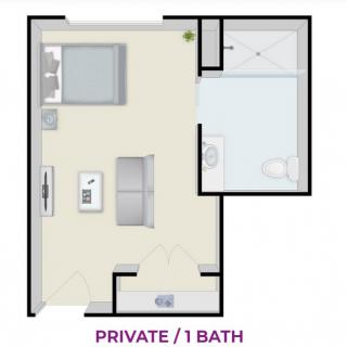 A floor plan showing a private apartment with one bedroom and one bathroom.