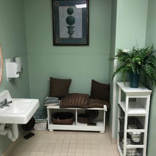 A well-decorated bathroom featuring green walls, a sink, seating area with cushions, and decorative shelves.