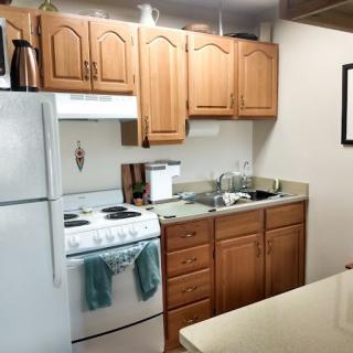 A cozy kitchen with wooden cabinets, a refrigerator, stove, and countertop with a dish rack.