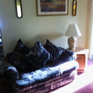 A cozy living room with a sofa, cushions, and a lamp on a side table.