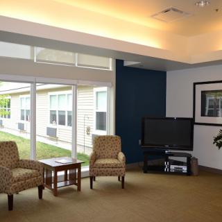 A modern living room with two chairs, a television, and large windows letting in natural light.