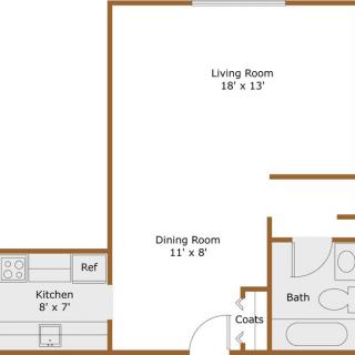A floor plan showing an apartment with distinct areas for the kitchen, living room, dining room, and bathroom.