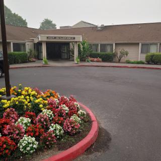A welcoming entrance to a building surrounded by colorful flowers, set against a hazy backdrop.