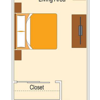 A simple floor plan of a small bedroom with a bed, closet, and dresser.