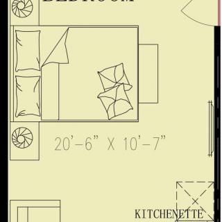A detailed floor plan showing a room with dimensions and a kitchenette area.