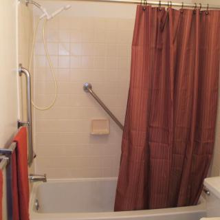 A bathroom featuring a bathtub with a brown shower curtain and a safety grab bar.