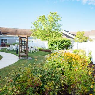 A peaceful garden with lush greenery, a pathway, and a white fence under a clear blue sky.