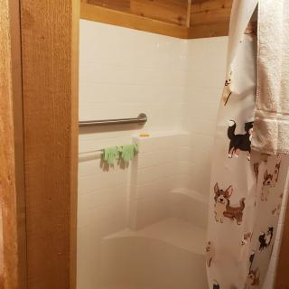 A cozy bathroom with a shower area featuring wood paneling and a decorative curtain.