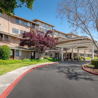 A view of a building entrance with a circular driveway and surrounding trees.